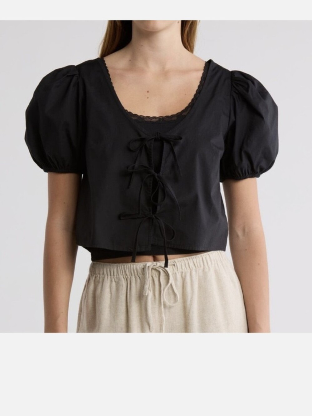 Abound Black Puff-Sleeve Tie-Front Crop Top